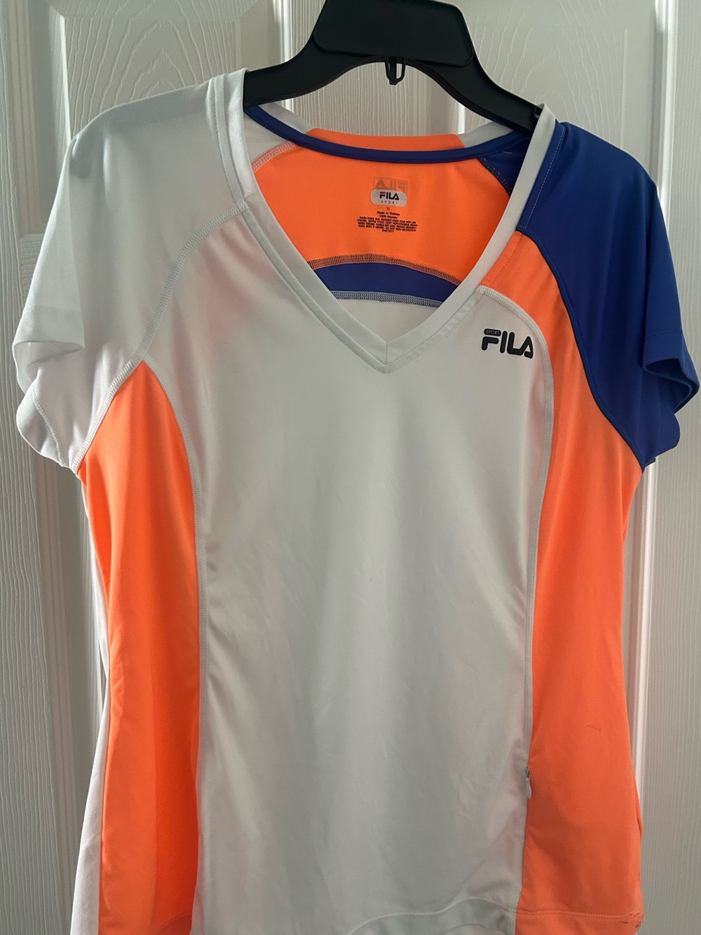 Fila Women's Colorblock V-Neck Tee in White, Neon Orange & Royal Blue